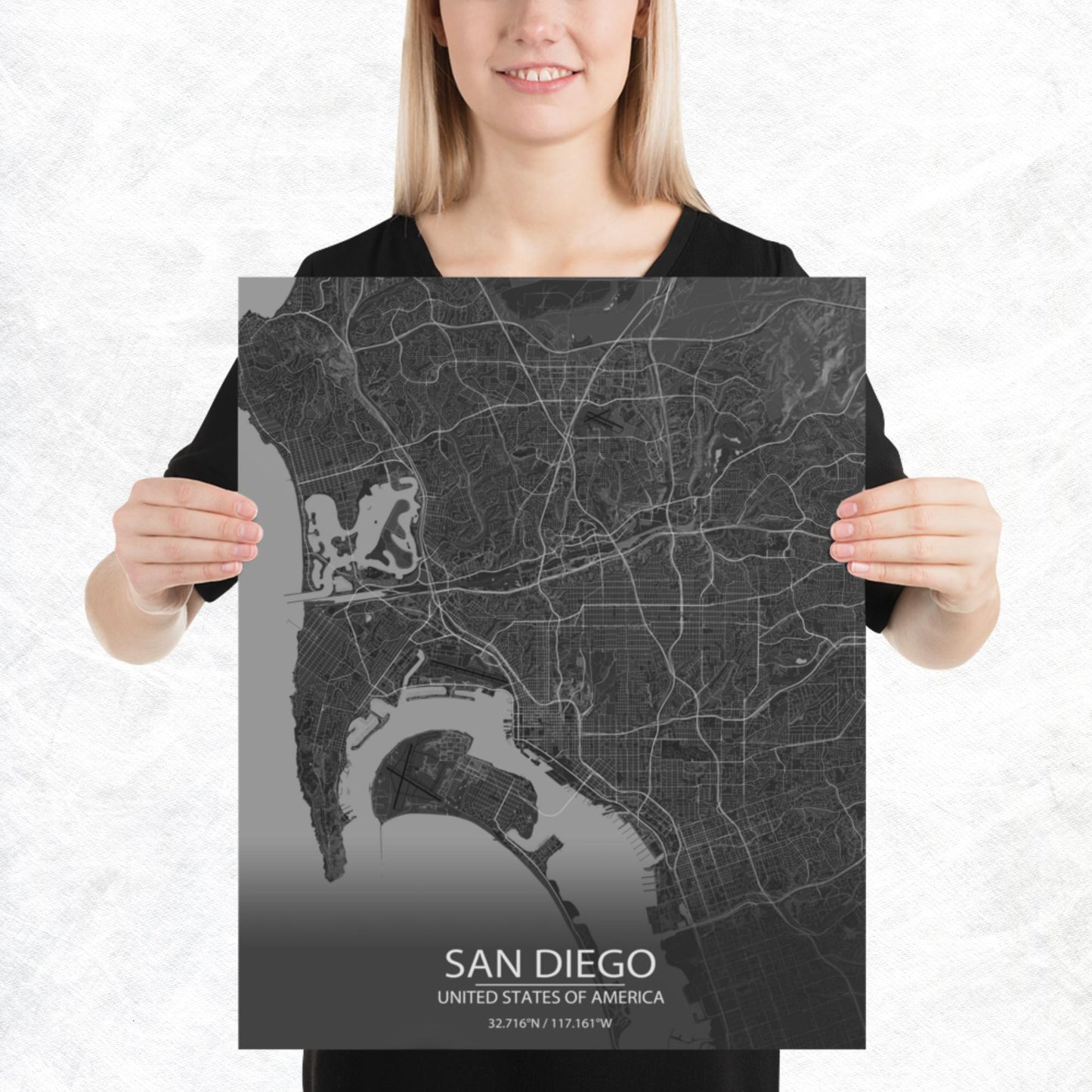 San Diego Dark Grey Paper Map