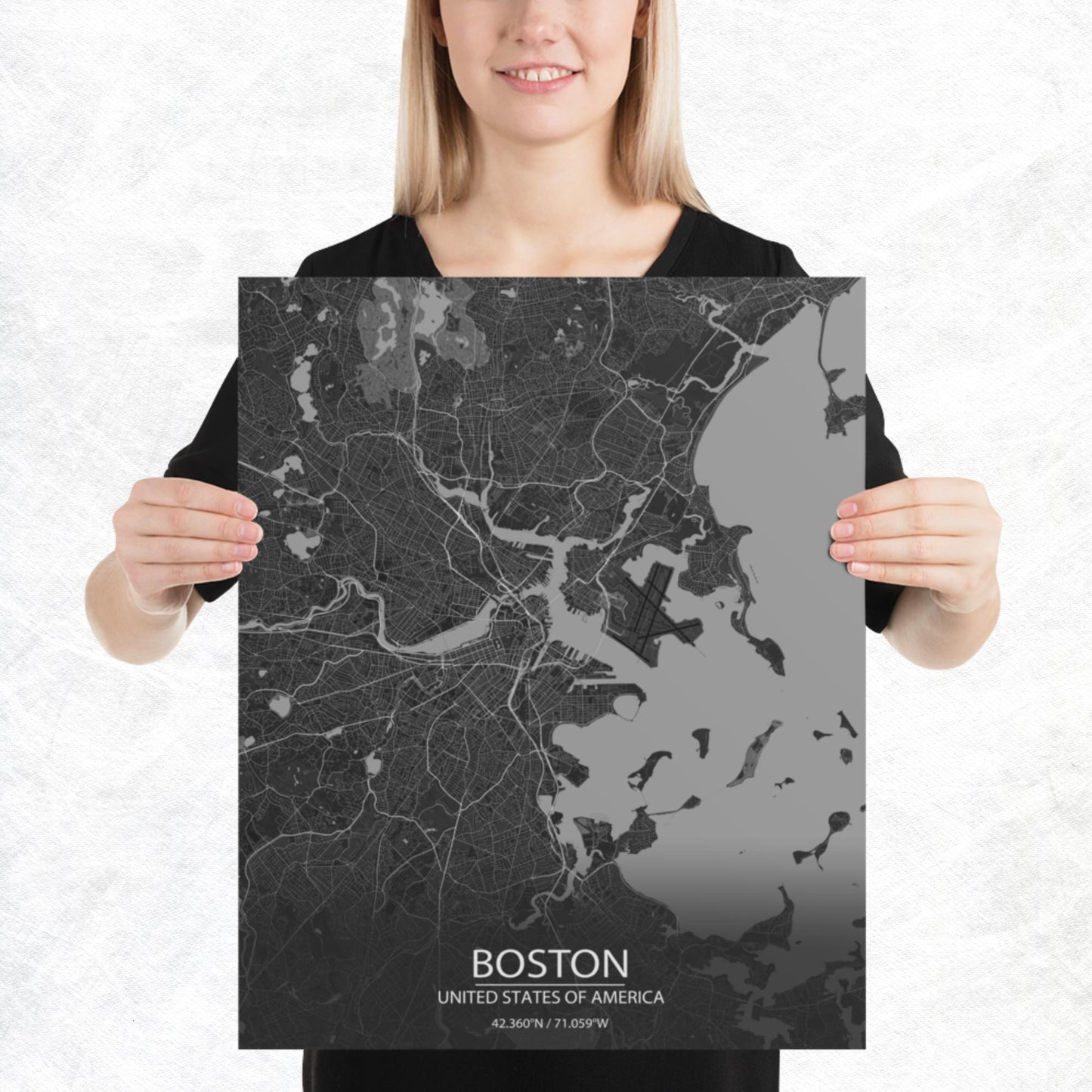 Boston Dark Grey Paper Map