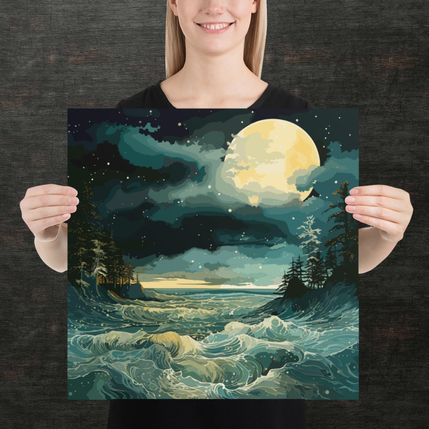 Nighttime Sea Moon Paper Poster