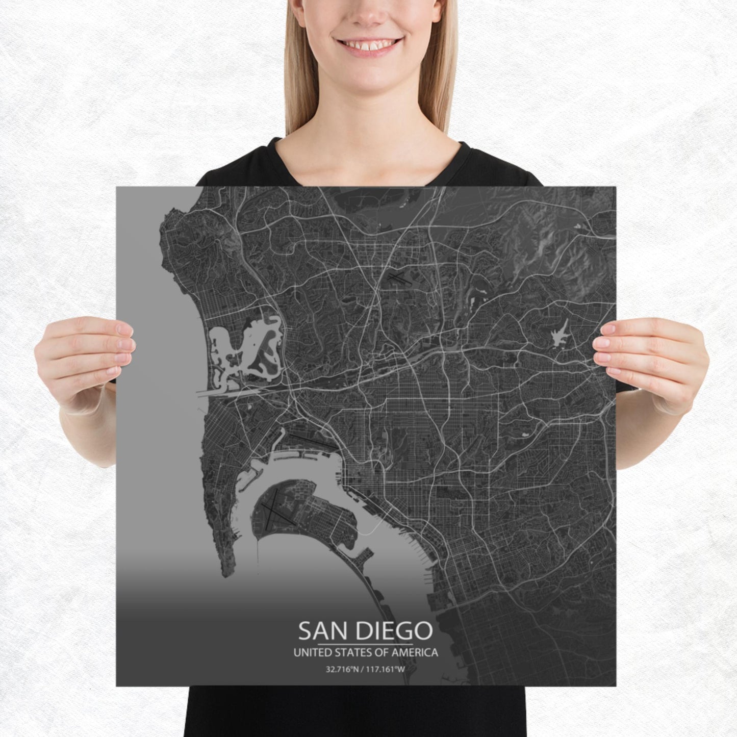 San Diego Dark Grey Paper Map