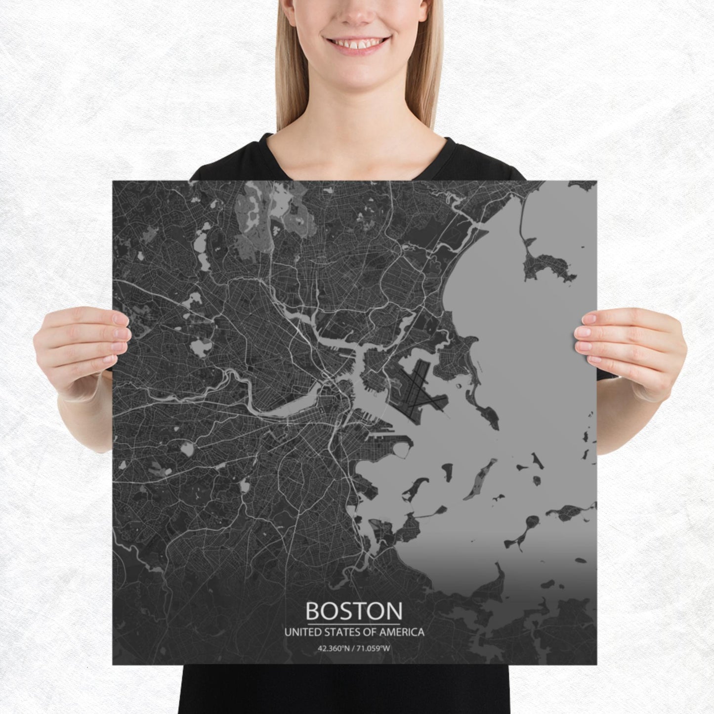 Boston Dark Grey Paper Map