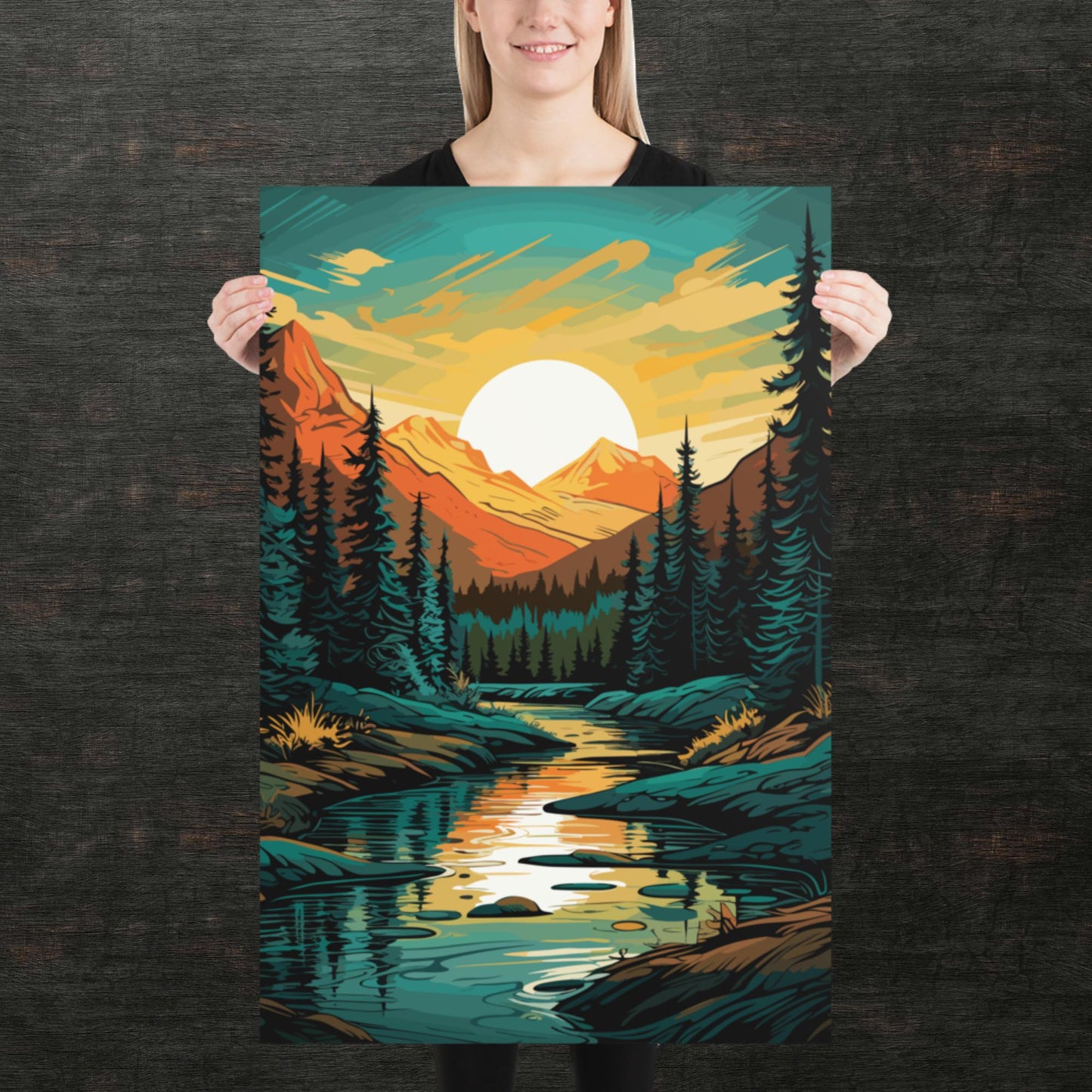 Forest Mountain River Paper Poster