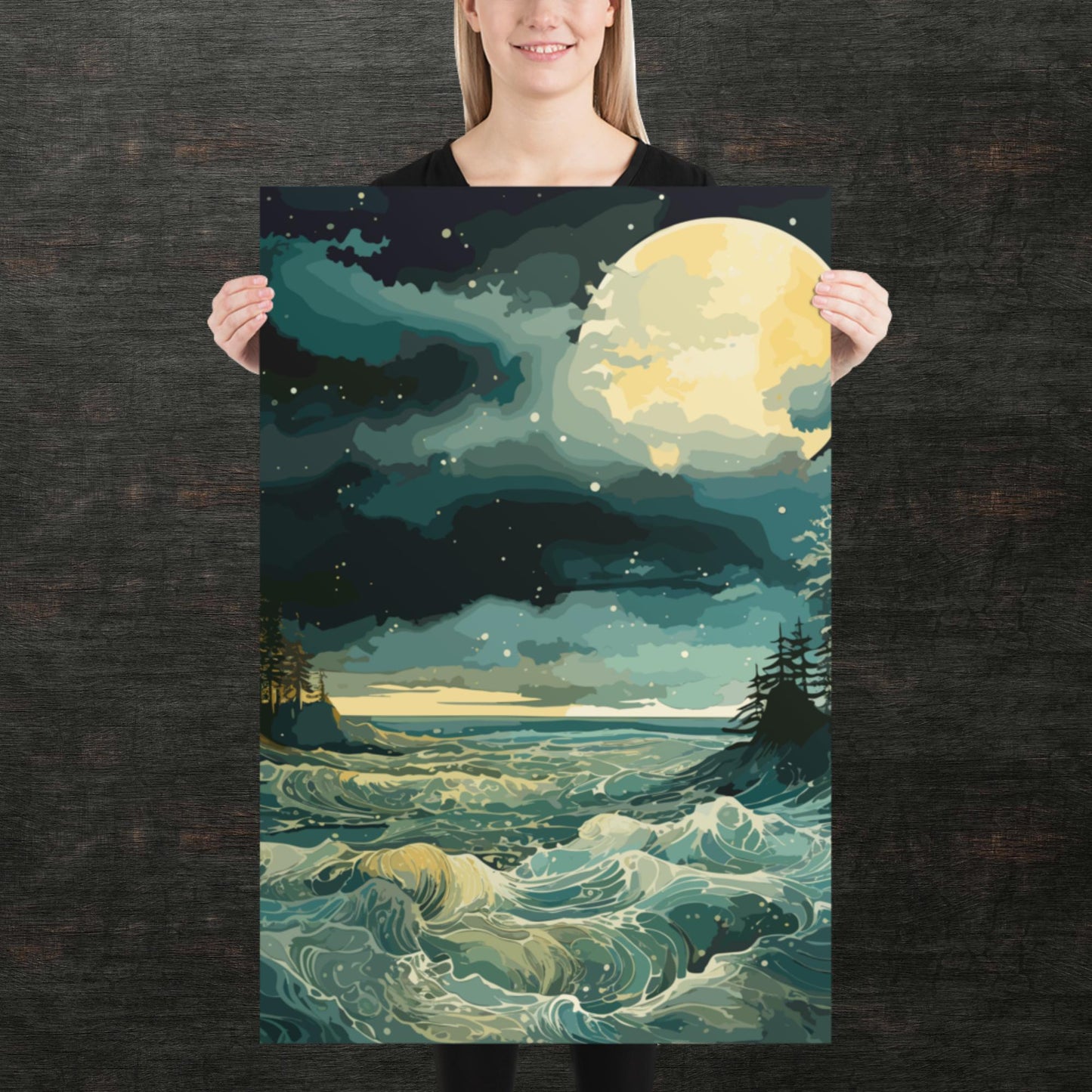 Nighttime Sea Moon Paper Poster