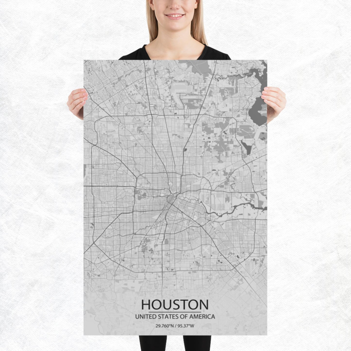 Houston Light Grey Paper Map