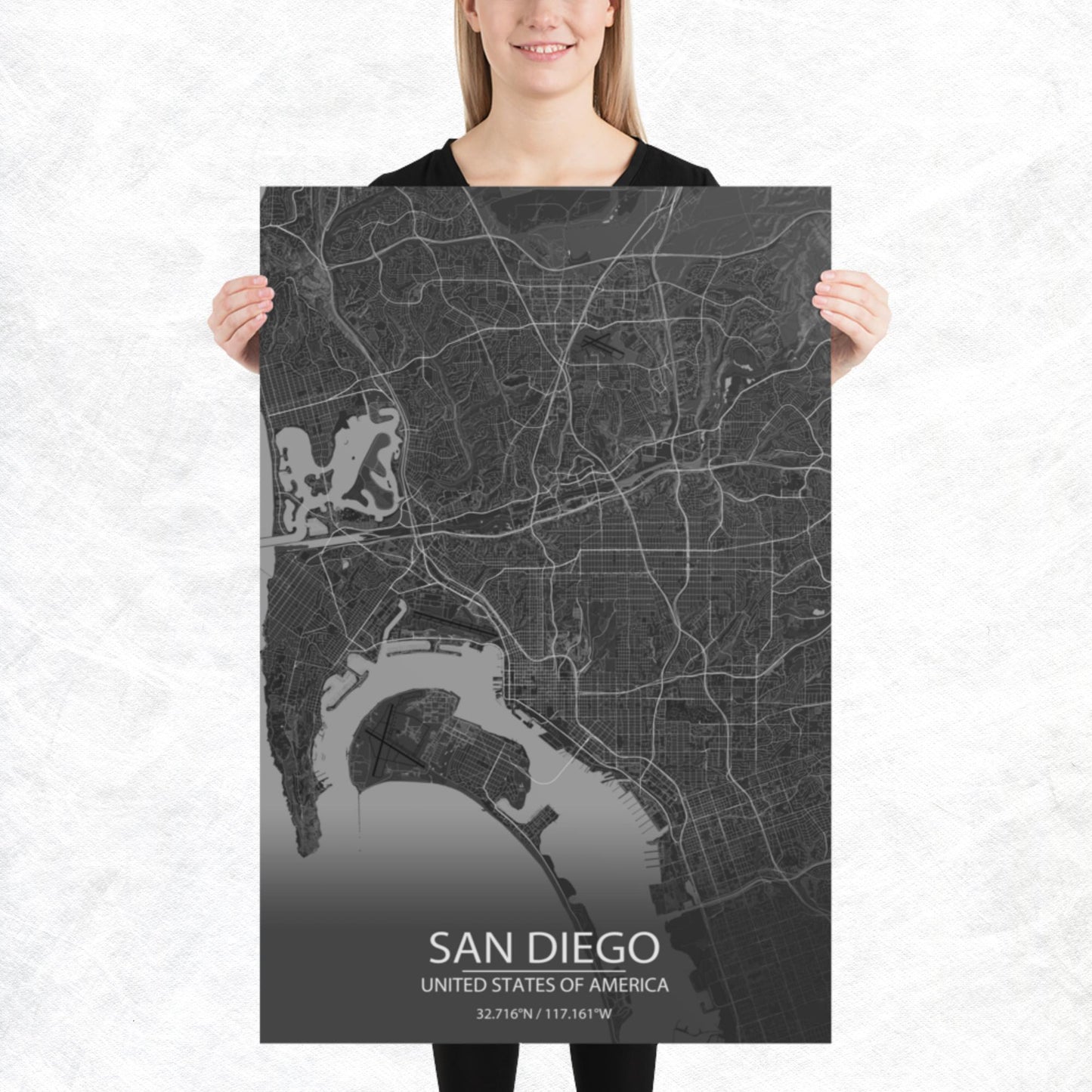 San Diego Dark Grey Paper Map