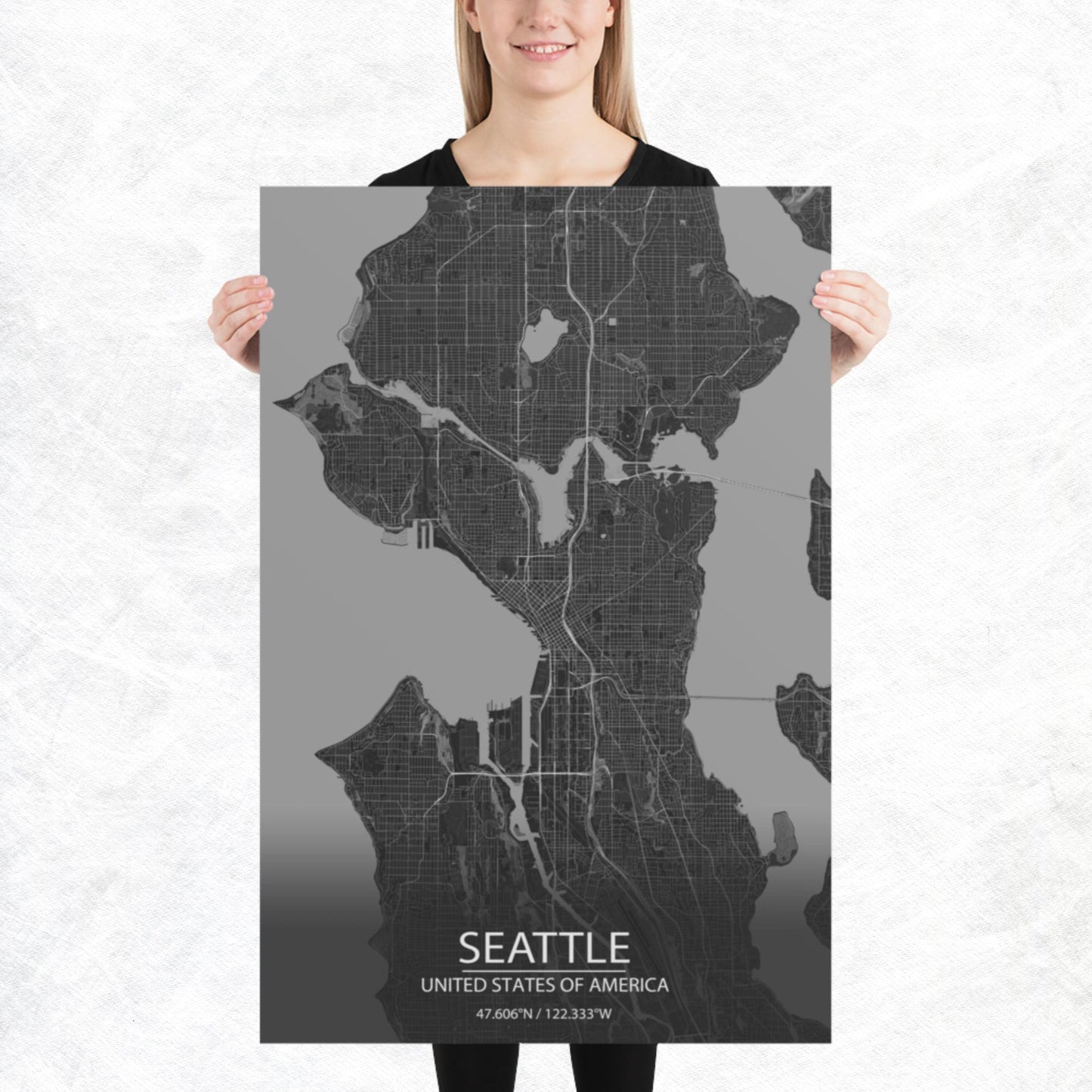 Seattle Dark Grey Paper Map