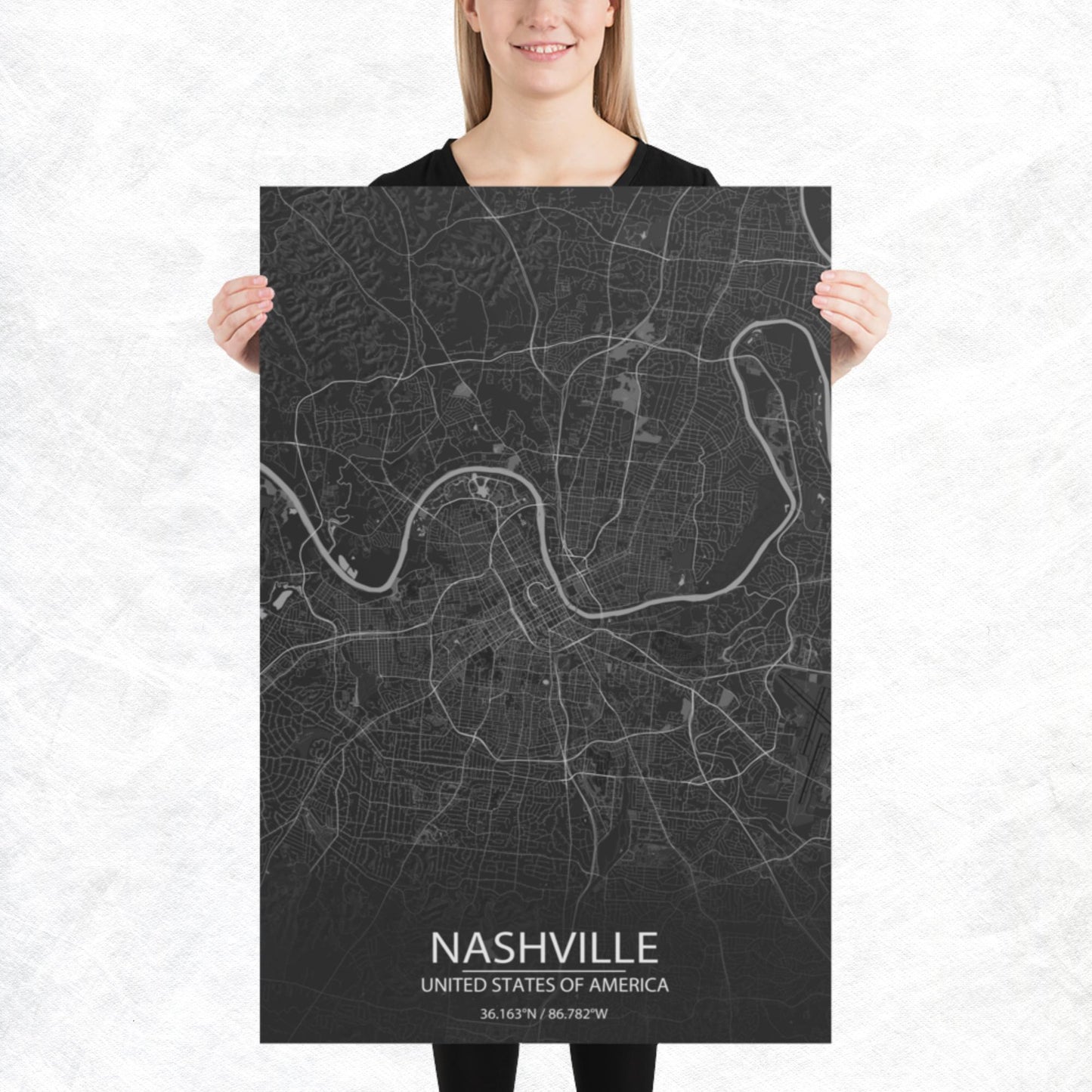 Nashville Dark Grey Paper Map