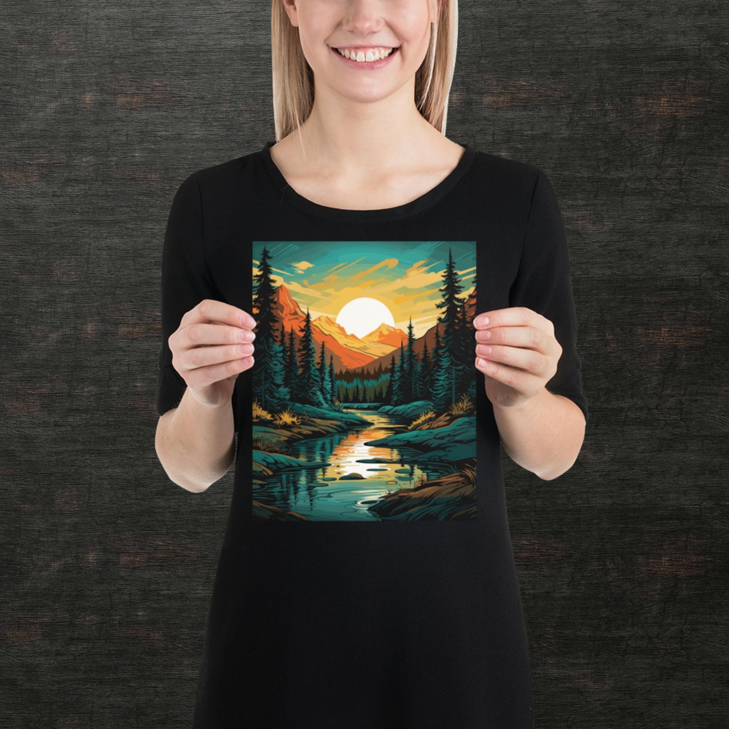 Forest Mountain River Paper Poster