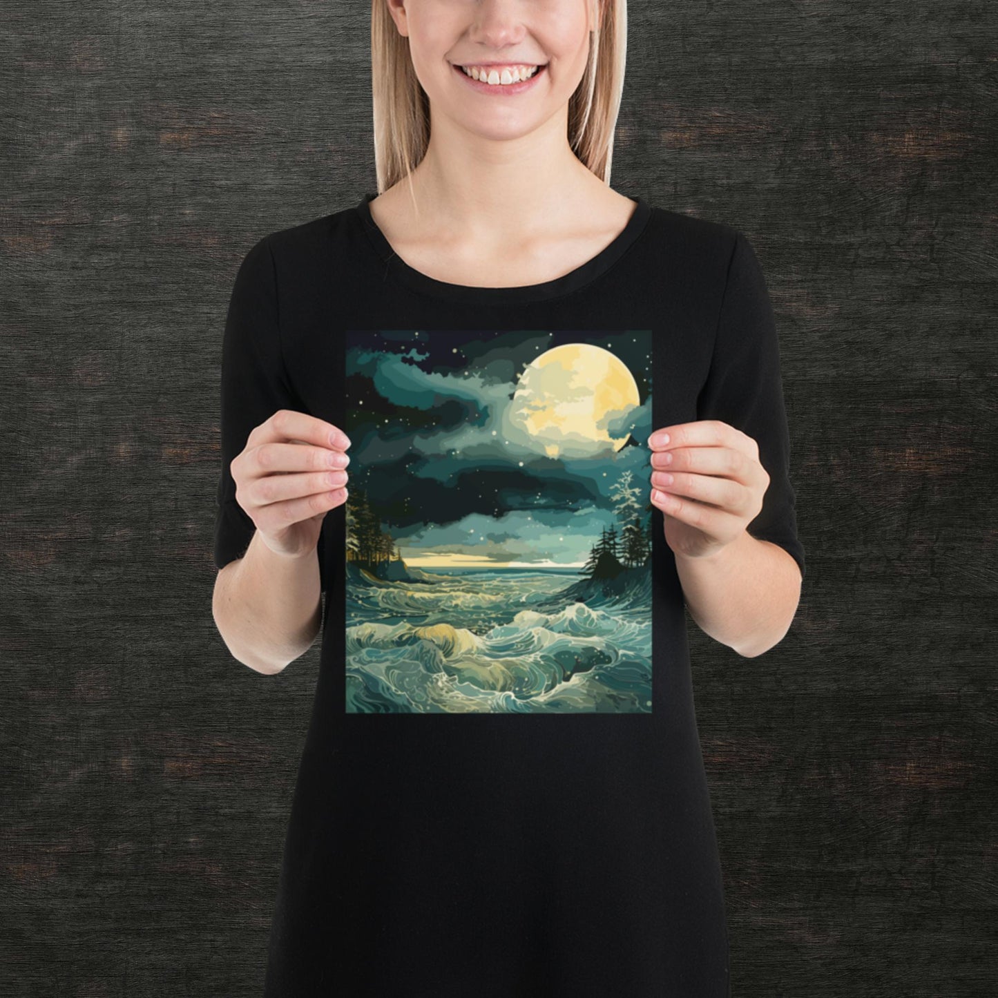 Nighttime Sea Moon Paper Poster