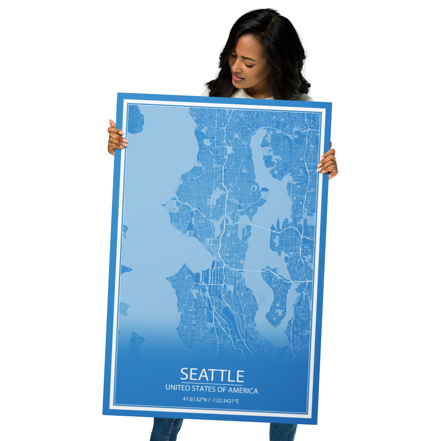 Seattle Blue and White Metal Map