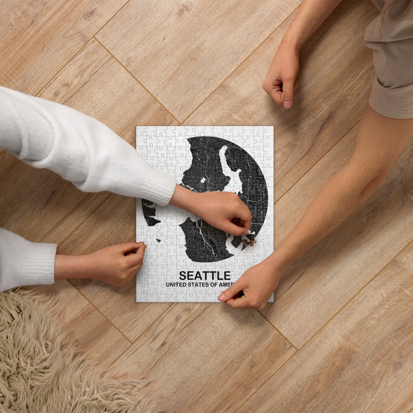 Seattle Circular Black Map Jigsaw Puzzle