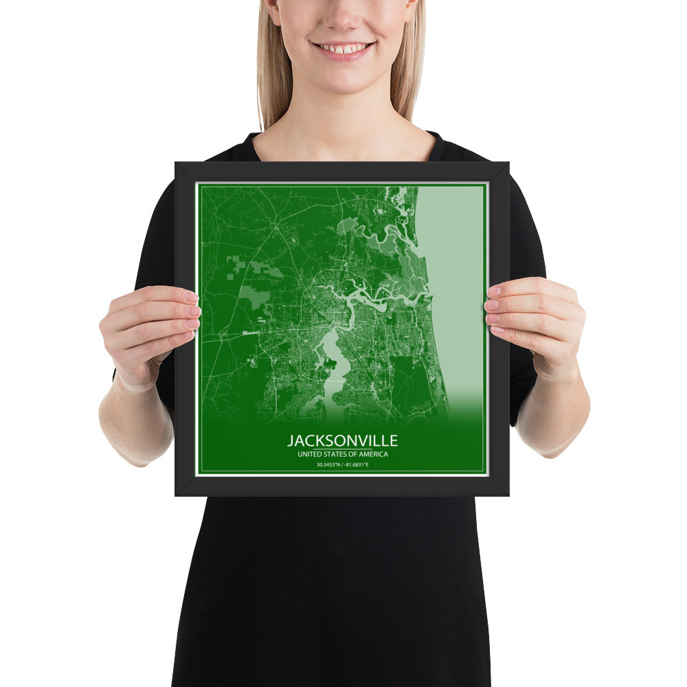 Jacksonville Green and White Framed Map