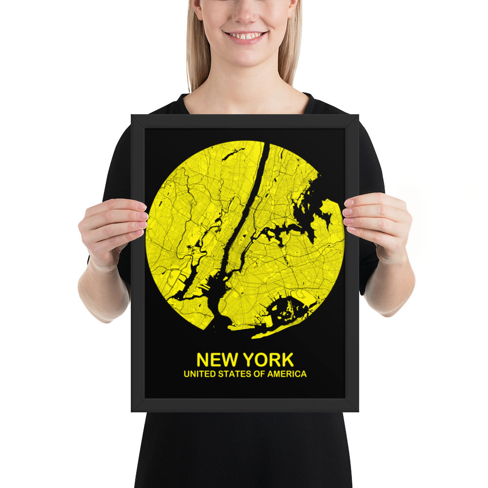 New York Circular Yellow Framed Map