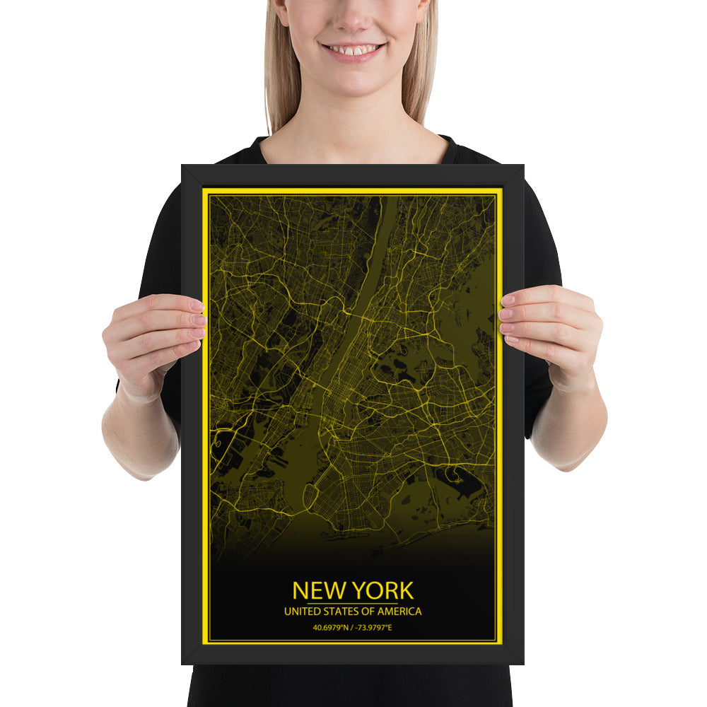 New York Black and Yellow Framed Map