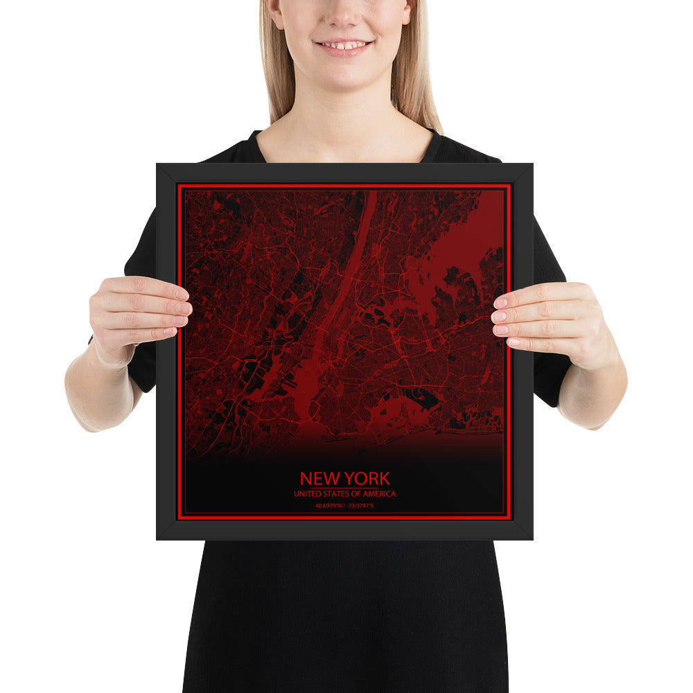 New York Black and Red Framed Map