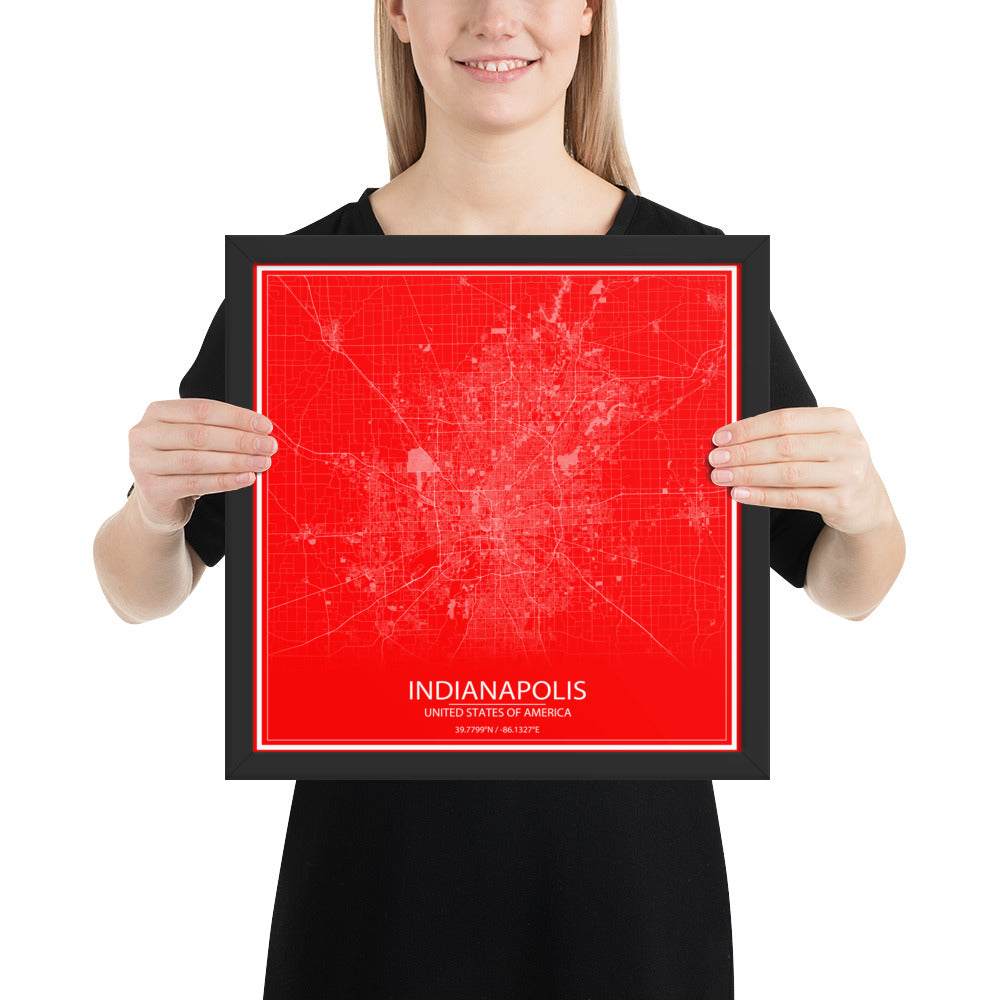 Indianapolis Red and White Framed Map