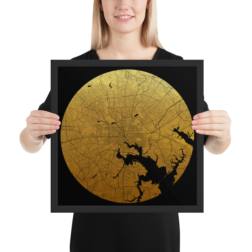 Baltimore Gold on Black Framed Map