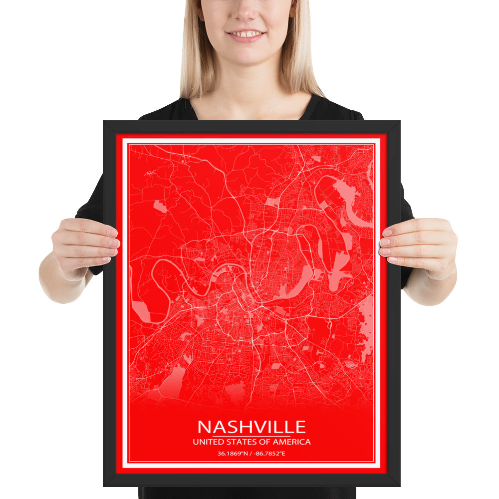 Nashville Red and White Framed Map