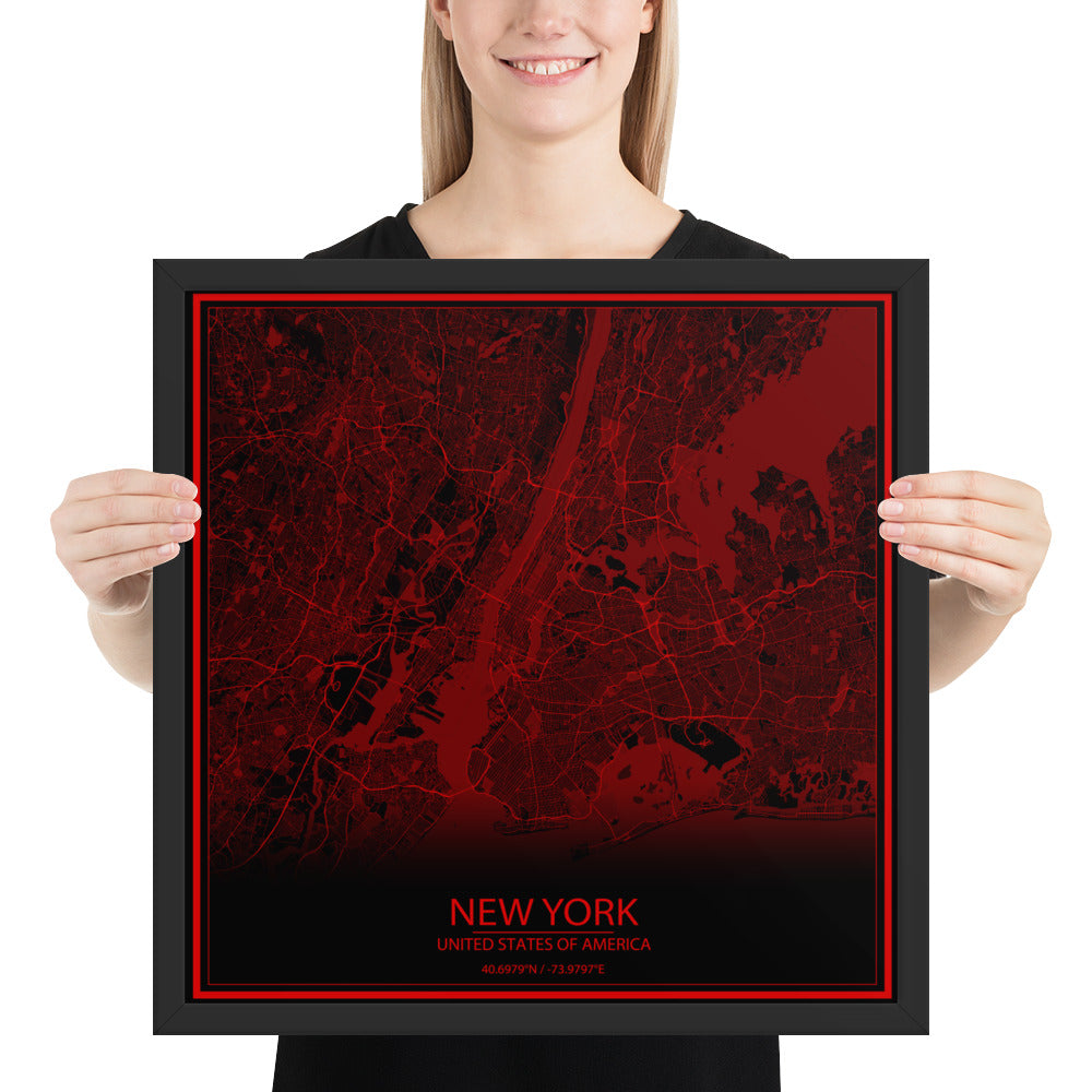 New York Black and Red Framed Map