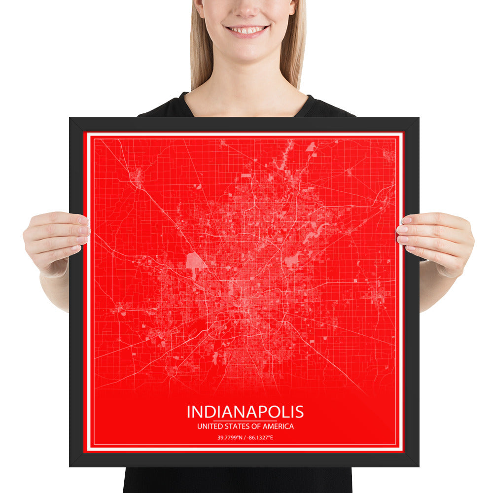 Indianapolis Red and White Framed Map