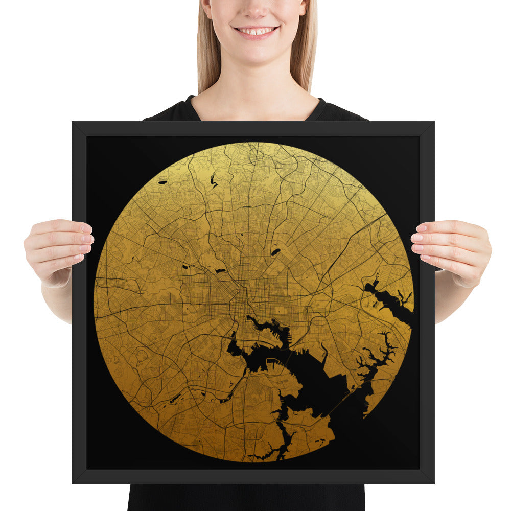 Baltimore Gold on Black Framed Map