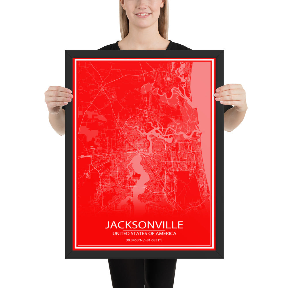 Jacksonville Red and White Framed Map