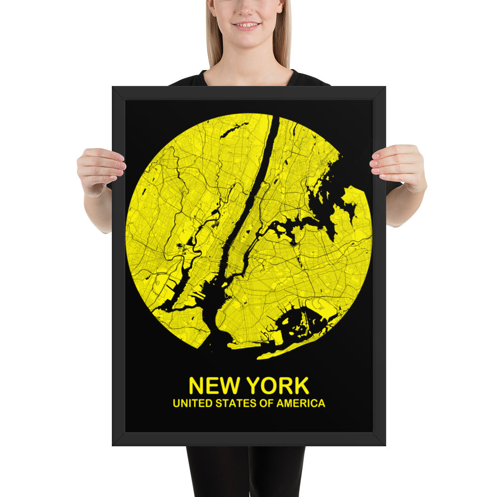 New York Circular Yellow Framed Map