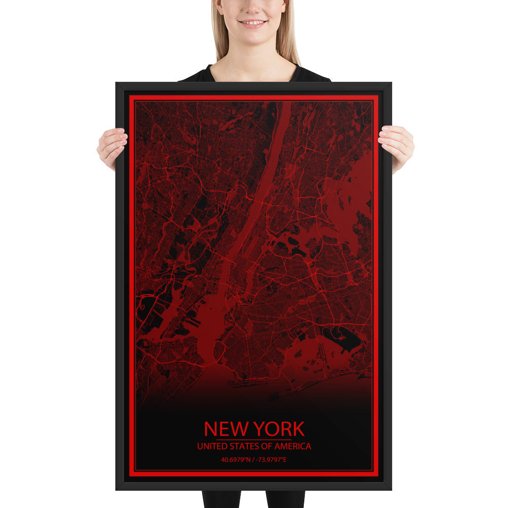 New York Black and Red Framed Map