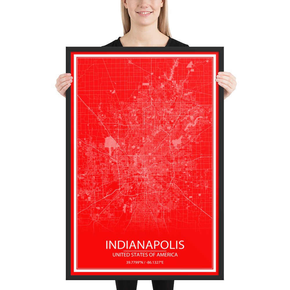 Indianapolis Red and White Framed Map