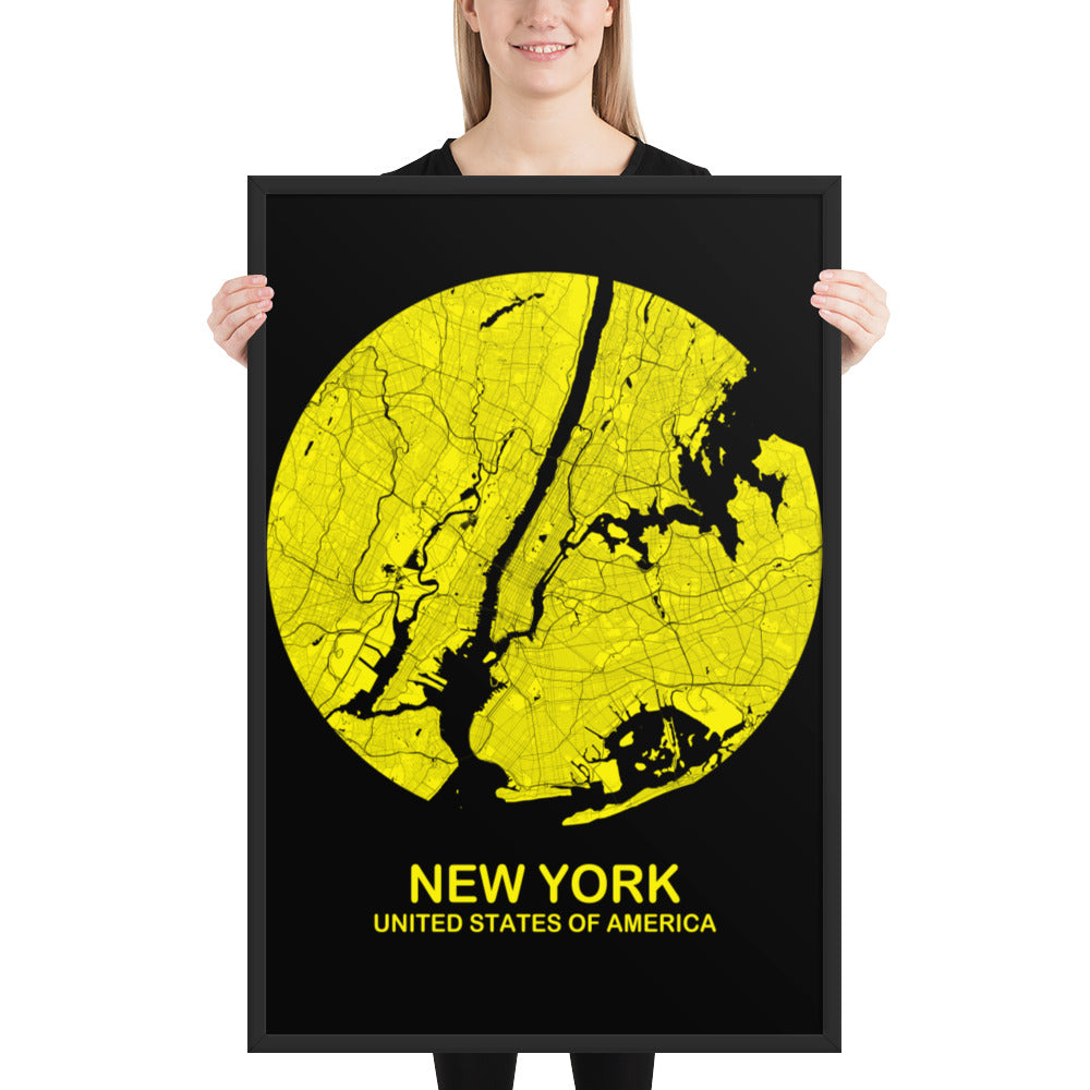 New York Circular Yellow Framed Map