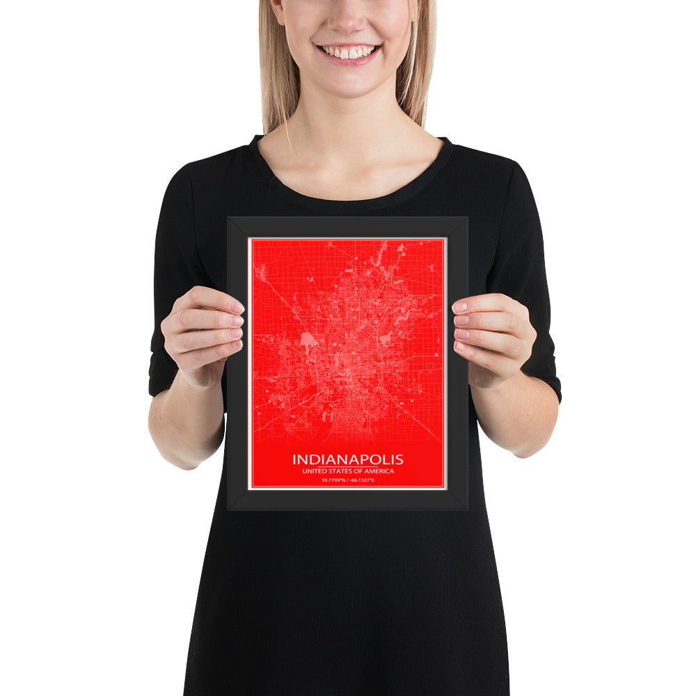 Indianapolis Red and White Framed Map