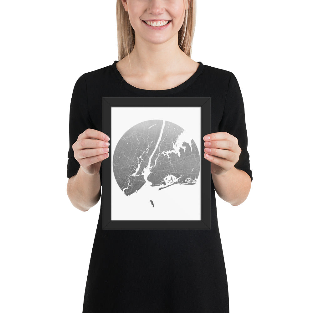New York Silver on White Framed Map