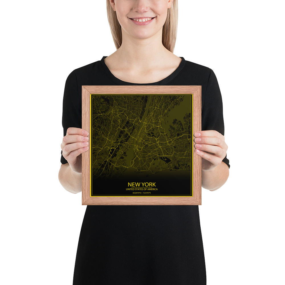 New York Black and Yellow Framed Map