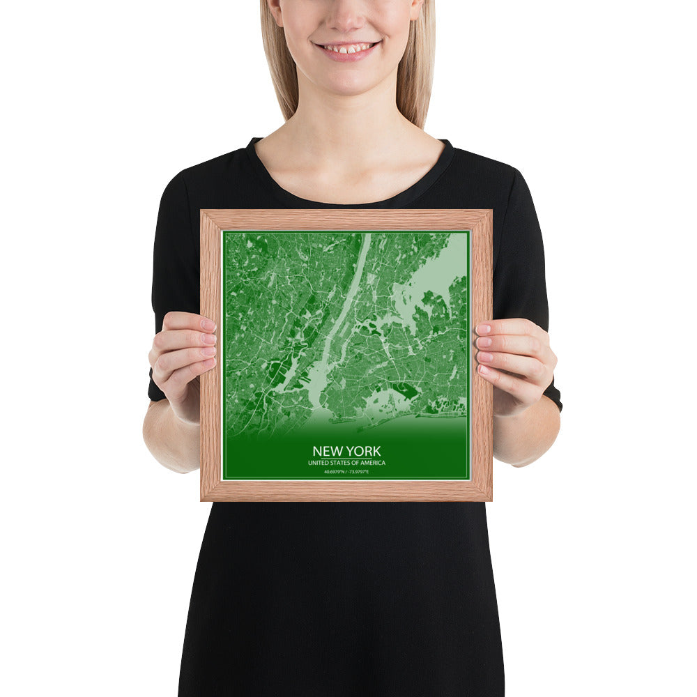 New York Green and White Framed Map