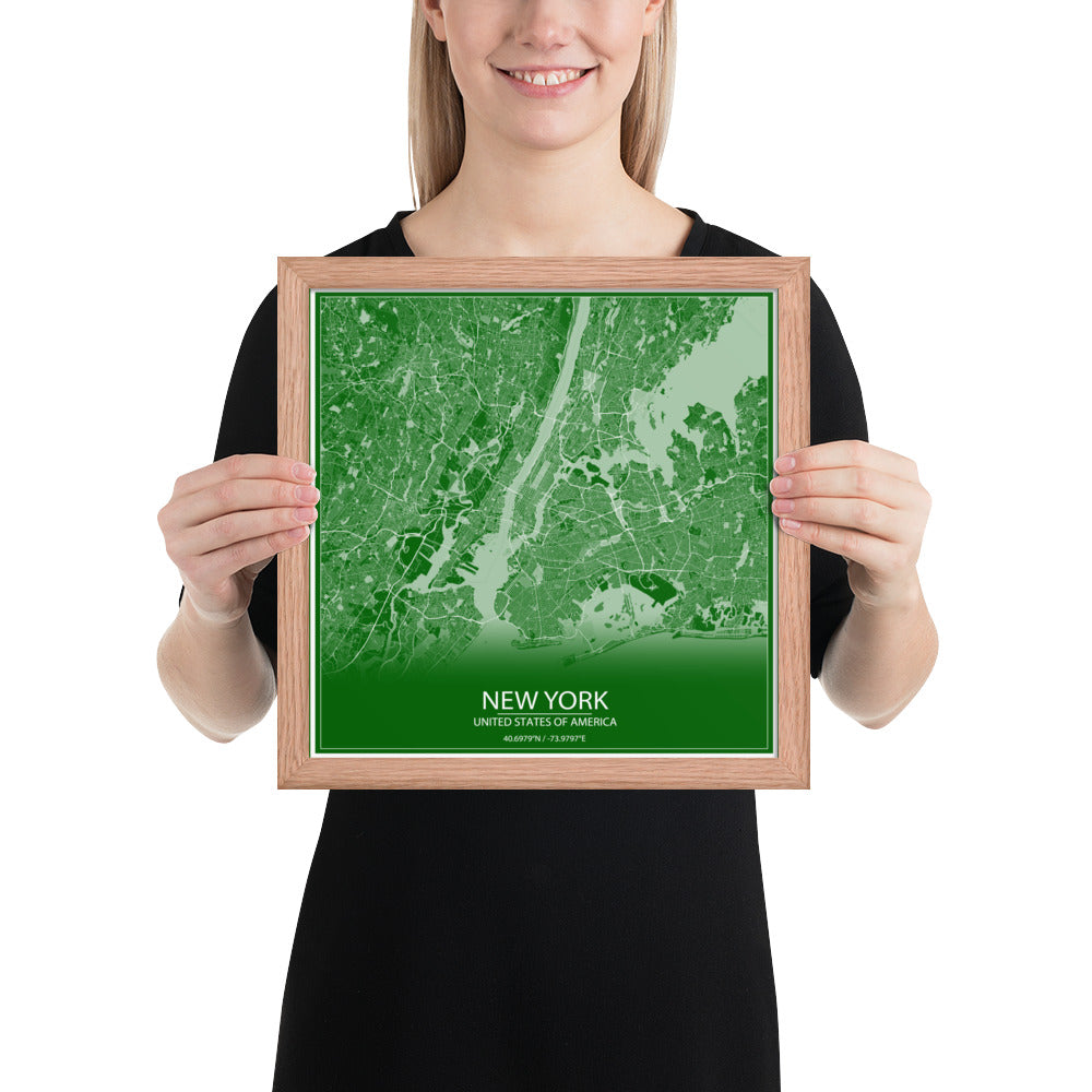 New York Green and White Framed Map