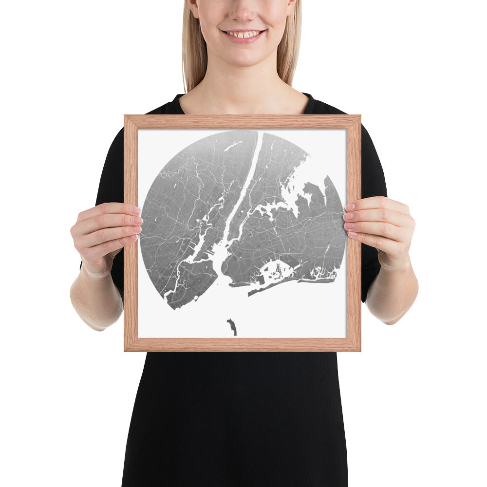 New York Silver on White Framed Map