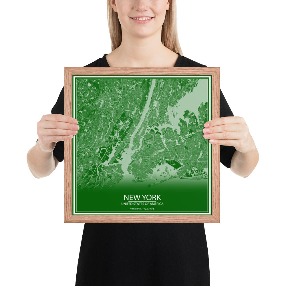 New York Green and White Framed Map