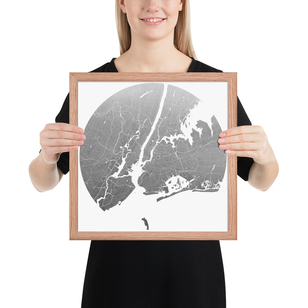 New York Silver on White Framed Map