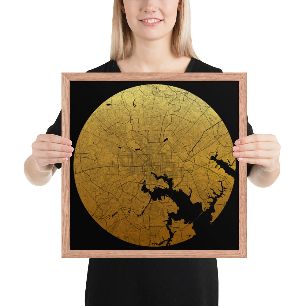 Baltimore Gold on Black Framed Map