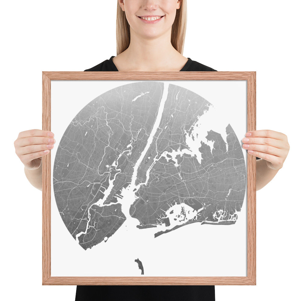 New York Silver on White Framed Map