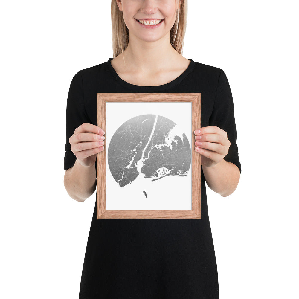New York Silver on White Framed Map