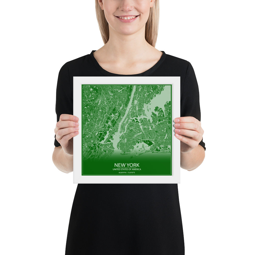New York Green and White Framed Map