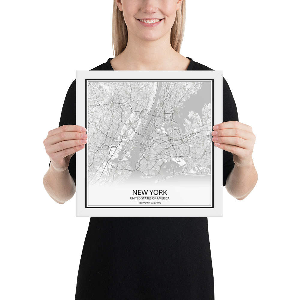 New York White Framed Map