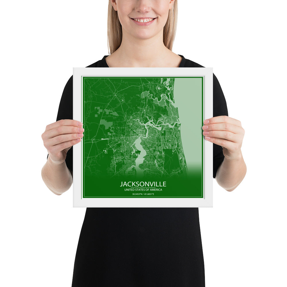 Jacksonville Green and White Framed Map