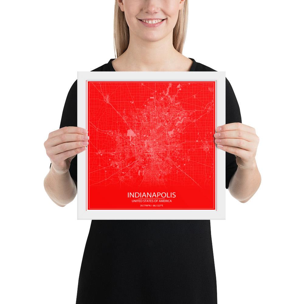 Indianapolis Red and White Framed Map