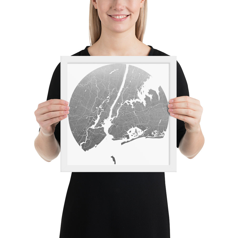 New York Silver on White Framed Map