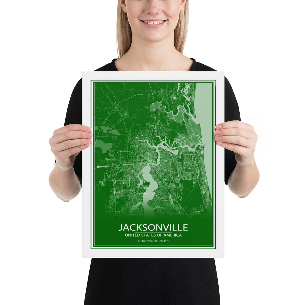 Jacksonville Green and White Framed Map