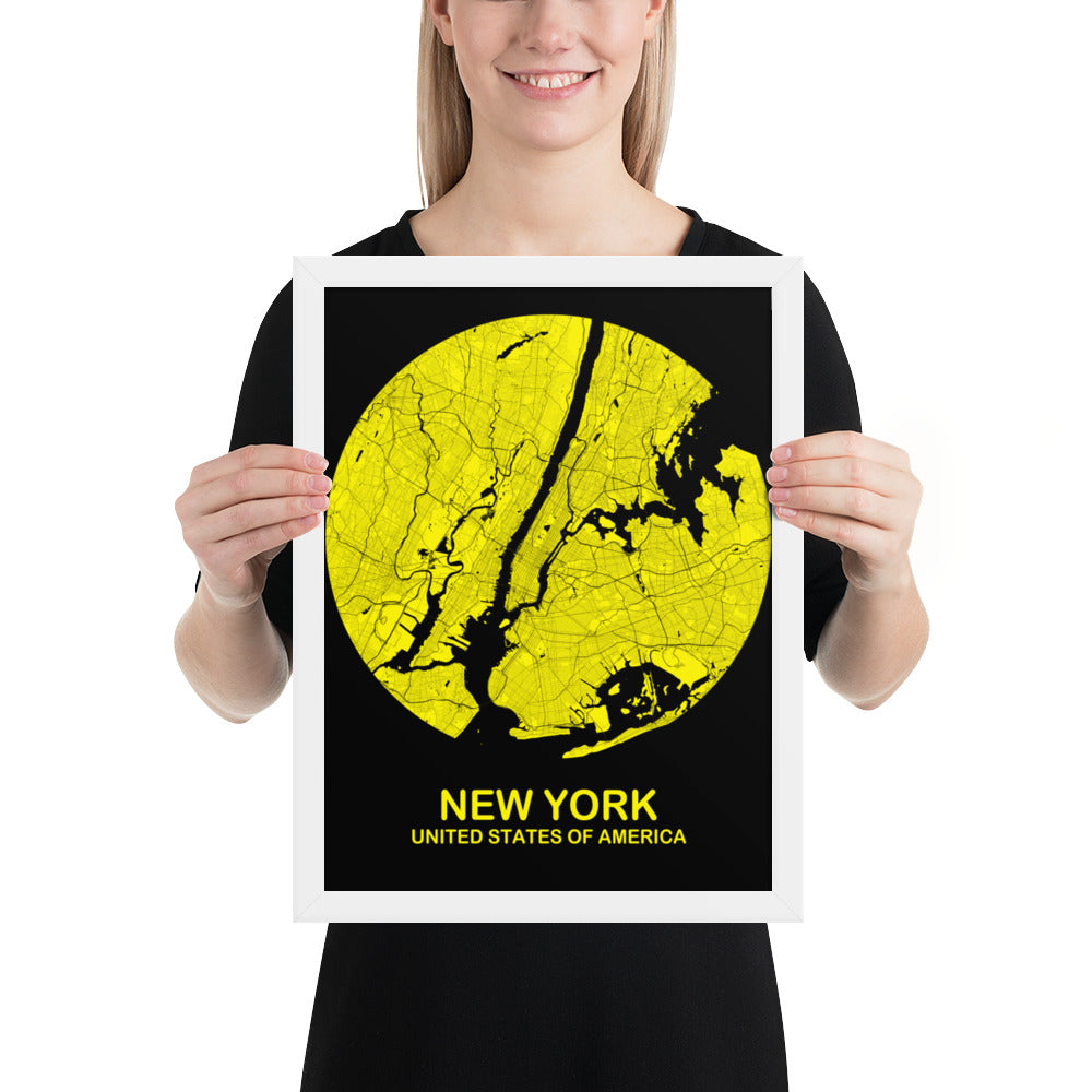 New York Circular Yellow Framed Map