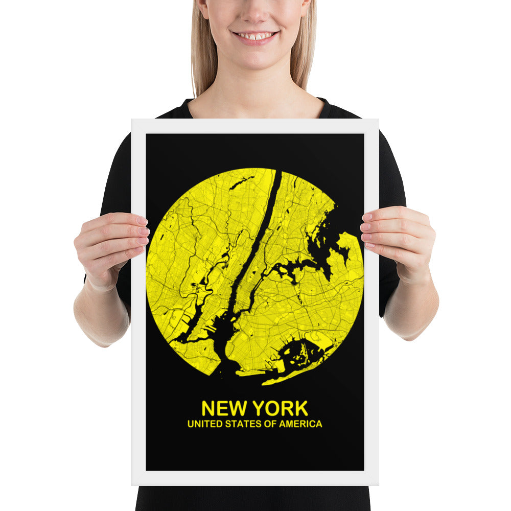 New York Circular Yellow Framed Map