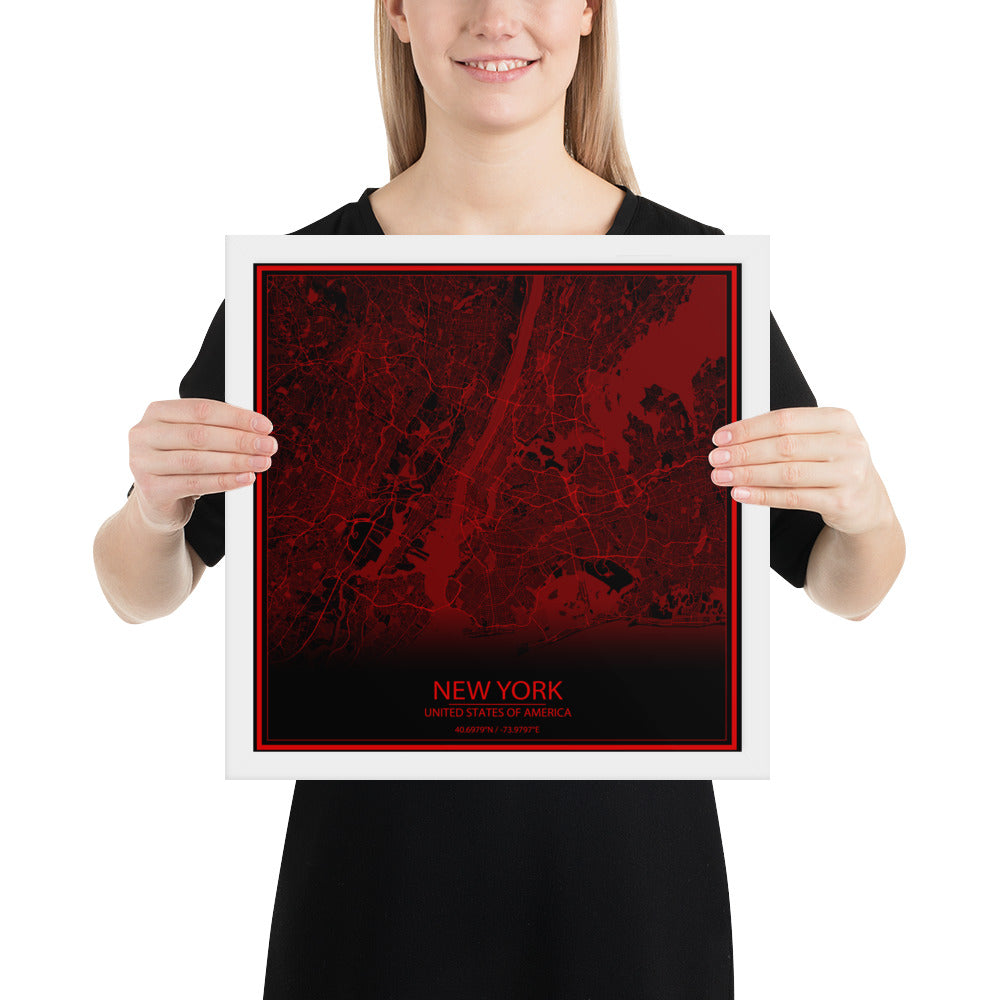 New York Black and Red Framed Map